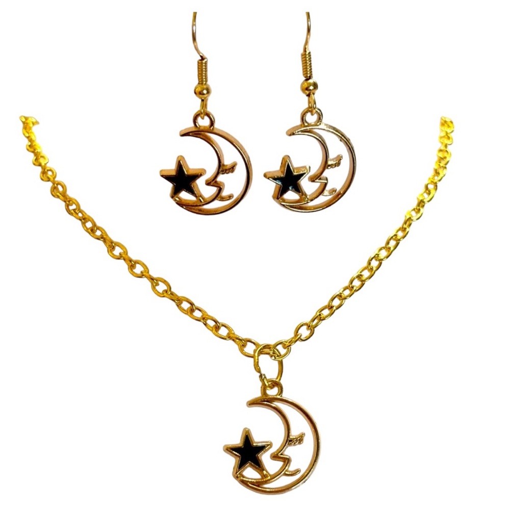 Clearance! Sarah half moon star charm chain necklace and earring set black
